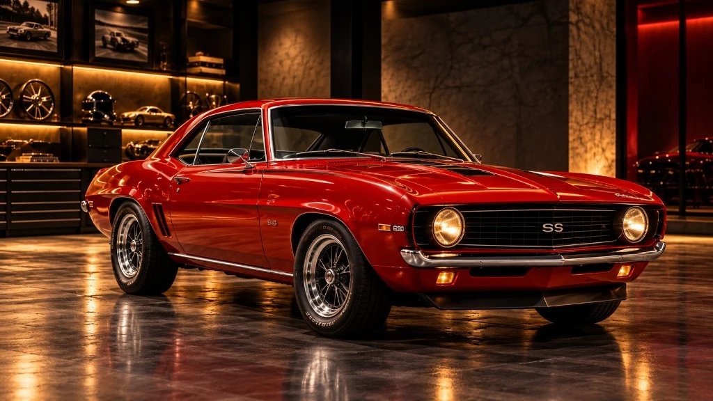 Camaro clássico vermelho em garagem de colecionador