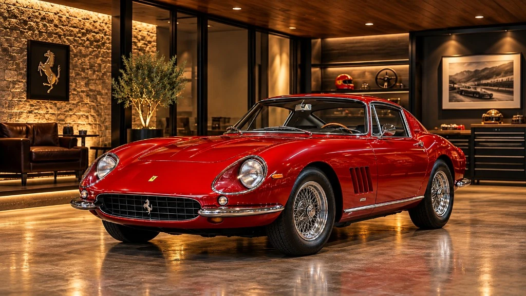 Ferrari clássica vermelha em garagem de colecionador